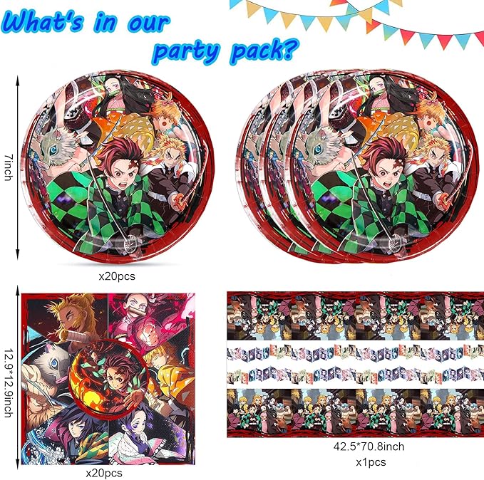 41Pcs Demon Slayers Party Supplies include 20 plates, 20 napkins for De Slayers 1 Tablecloth Birthday party Decoration