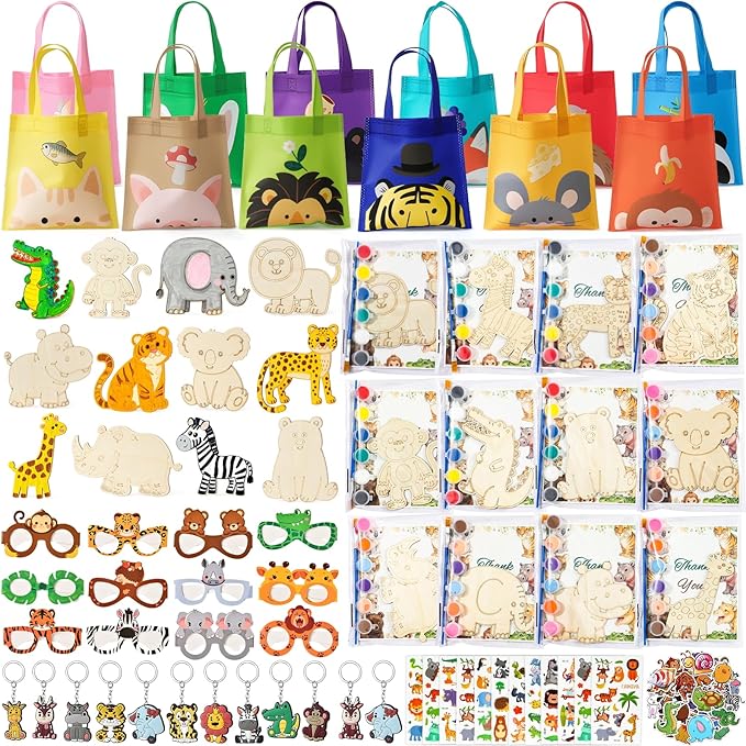 Winrayk 136Pcs Safari Party Favors Jungle Birthday Supplies for Kids, Wooden Painting Kit with Card/ Tote Bag/ Paper Glasses/ Keychain/ Tattoo Sticker/ Animal Sticker, Wild One Party Favors Decor