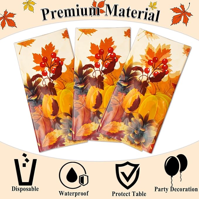 3 Pieces Fall Disposable Tablecloth Decoration Fall Theme Plastic Table Cover Autumn Pumpkin Maple Leave Table Cloth Thanksgiving Pumpkin Tablecover for Autumn Harvest Party Supplies Favors