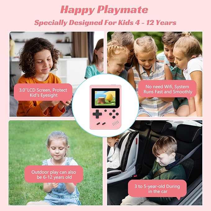 Mini Retro Handheld Games Console, Built-in 400 Video Games, Portable Video Gaming Player with 3.0 Inch IPS Screen and Rechargeable Battery(Pink)