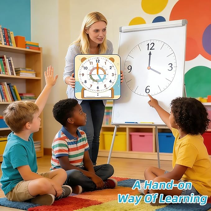 Large 12" Magnetic Writable Dry Erase Teaching Clock with Cute Style, Teaching Demonstration Clock for Kids Learning Practice Time for Home School Classroom Supplies (12" x11"-Beige)