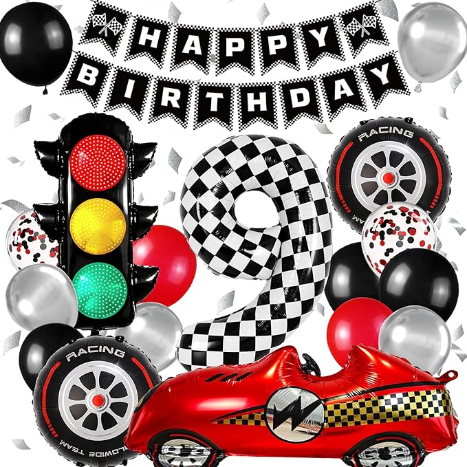 Race Car Birthday Party Decorations, with 40 Inch Number 9 Balloon, Happy Birthday Banner, Traffic Light and Foil Tire Balloon for 9th Car Themed Birthday Party Supplies