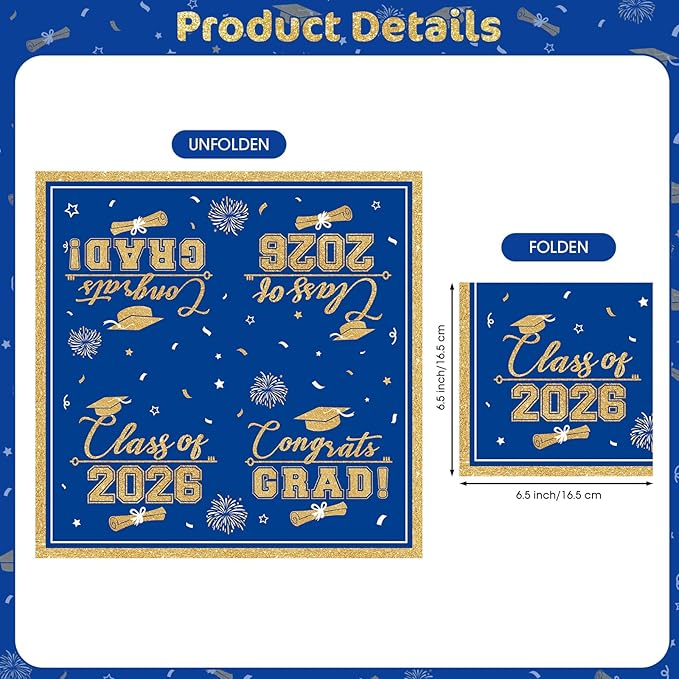 50 Pcs Graduation Napkins Class of 2026 - Blue Gold Congrats Grad Napkins Set, 3-Ply Disposable Graduation Luncheon Dinner Party Paper Napkins for Graduations Party Supplies Table Decoration