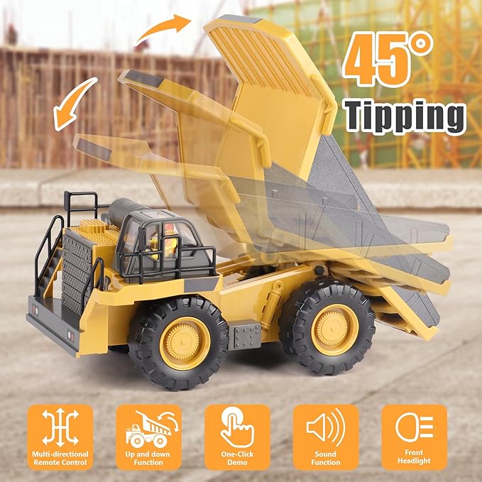 PREPOP Kids' RC Dump Truck Toy - Remote Control Construction Truck with Metal Bed, Lights & Sounds, for Boys Ages 6-10 Years and Up