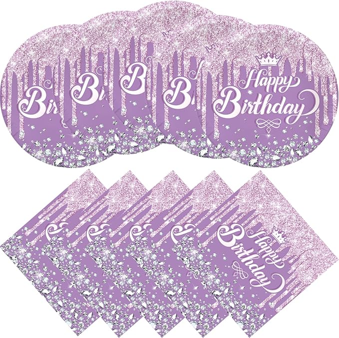 Purple Birthday Party Supplies, include 20 Plates and 20 Napkins, Purple Theme Birthday Party Decorations for Girl Women Wedding Bday Party Supplies
