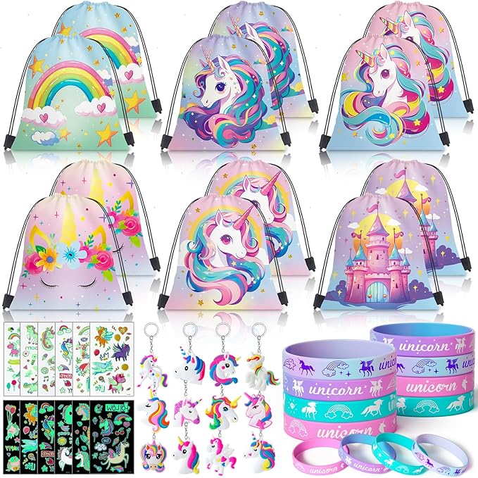12 Sets Unicorn Party Favors Birthday Supplies for Girls Kid, Drawstring Bag Silicone Bracelet Tattoo Sticker Keychain Goodie Bag Stuffer Filler Unicorn Birthday Decorations Girls Party Favors
