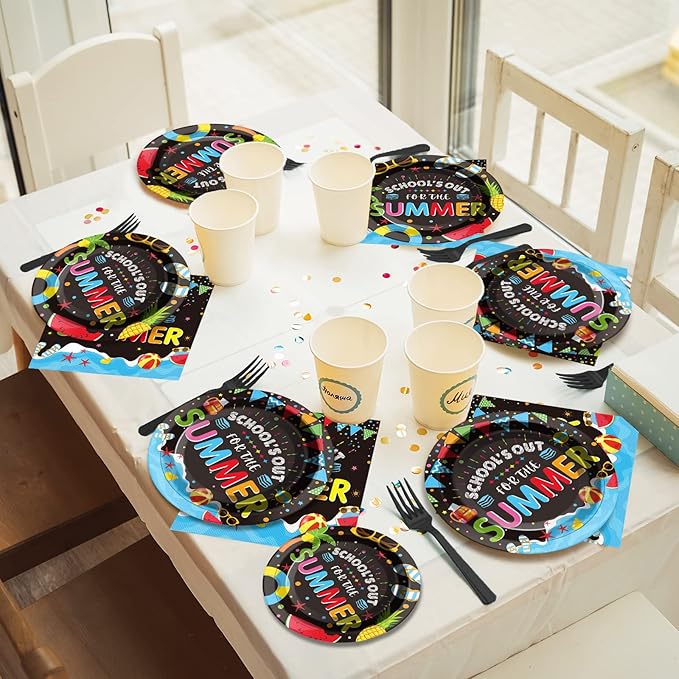 96 Pieces End of School Year Theme Tableware Set for Kids Class Summer Table Decorations Supplies School's Out Dessert Plates Napkins Forks for 24 Guests Tropical Beach Pool Disposable Party Favors