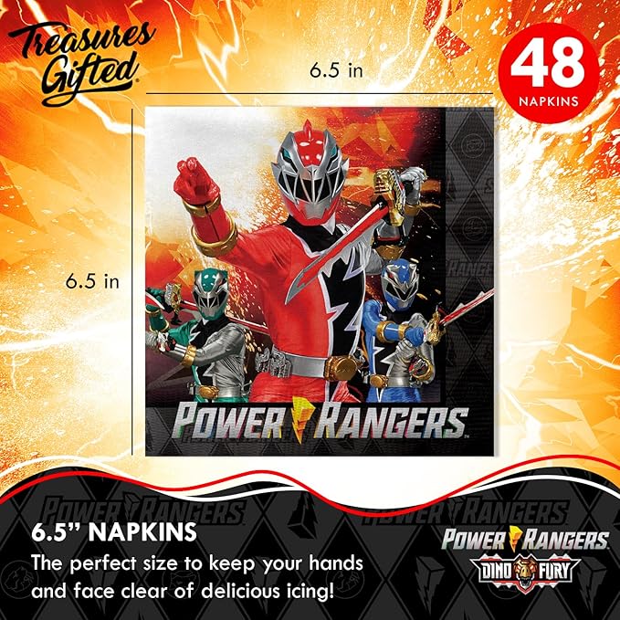 Treasures Gifted Officially Licensed Power Rangers Party Supplies - Pack of 48 Napkins - Power Rangers Birthday Decorations - 6.5in x 6.5in Paper Napkins