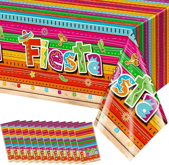 Jectivs 12 Pieces Mexican Fiesta Party Tablecloth Decorations,Plastic Cinco De Mayo Printed Table Cloth Table Cover for Fiesta Taco Night Birthday and Mexican Themed Party Supplies, 54 x 108 Inch