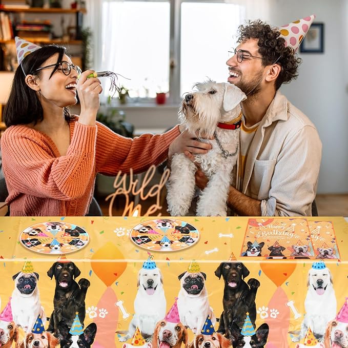41pcs Dog Theme Tableware Set - Puppy Plates, Napkins, Tablecloth for Girls Birthday - Paw Print Party Favors Kit