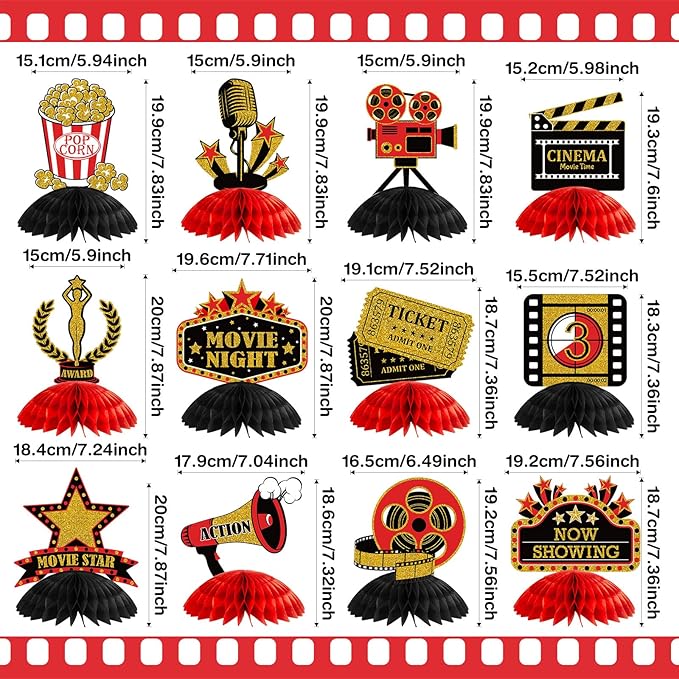 Pajean 12 Pieces Movie Night Party Decorations Supplies Movie Theater Centerpiece Honeycomb 3D Ticket Popcorn Star Table Topper Decor for Birthday Party Favors(Red)