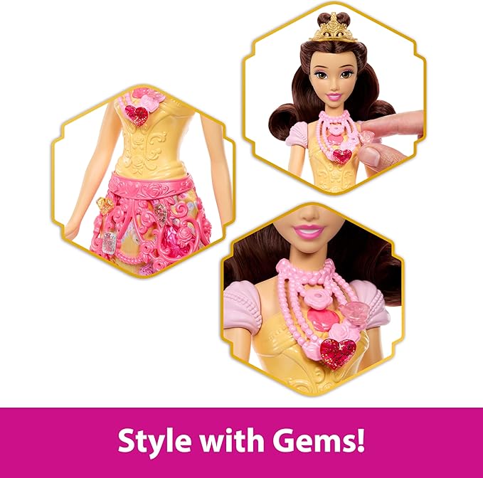 Mattel Disney Princess Belle Fashion Doll & Accessories with 8 Surprises, Including Heart Gem Box, Ring for Child & 9 Pieces, Inspired by Movie