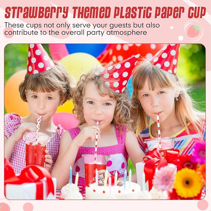 Yungyan 50 Sets 16 oz Strawberry Plastic Cups with Lids and Straws Strawberry Party Decoration Coffee Juice Disposable Drinking Cups for Berry First Birthday Decoration Baby Shower Party Supplies