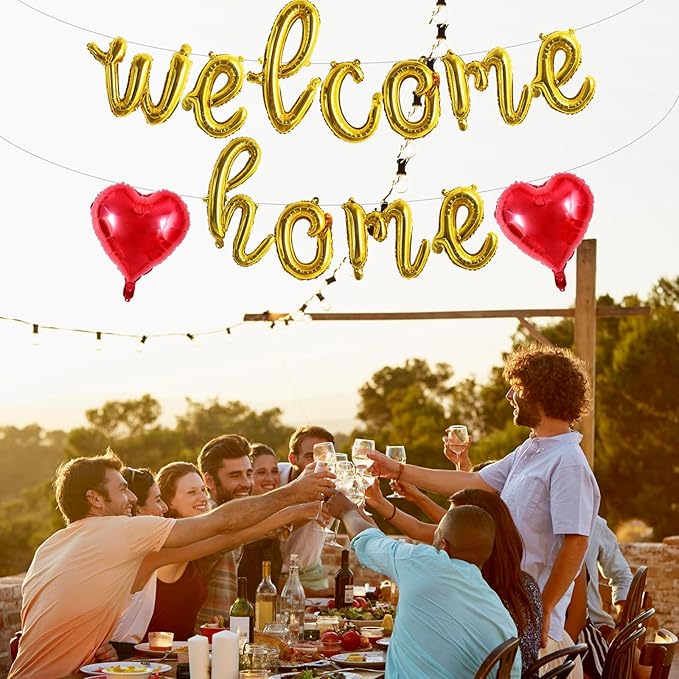 TONIFUL Welcome Home Balloons,Gold Cursive Welcome Home Foil Balloons Banner 16 Inch Welcome Home Party Decorations for Homecoming Party Decorations House Warming Party Family Gathering Supplies