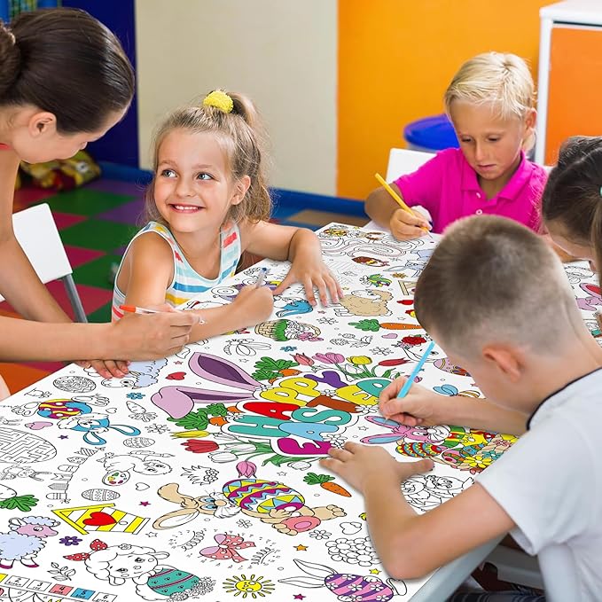 Easter Large Coloring Poster for Kids, Happy Jumbo Coloring Paper Tablecloth, Bunny Eggs Color-in Craft Activities for School Classroom Home Party Supplies Decorations, 30 x 72 Inch