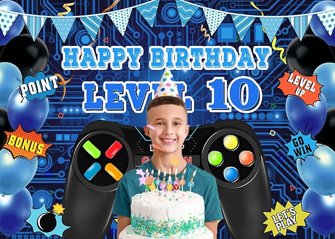 Game Theme Level 10 Birthday Backdrop Video Game Happy 10th Birthday Party Decorations Level Up Theme Boys Kids Birthday Party Supplies(7×5FT)