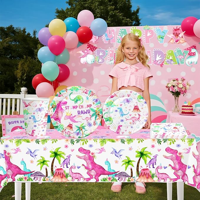 4ps Dinosaur Party Table Cloths Pink Dinosaur Birthday Disposable Plastic Tablecover Tablecloth Watercolor T-Rex Dino Party Supplies Decorations for Girls 1st 2nd 3rd 10th Dino Bday Decor