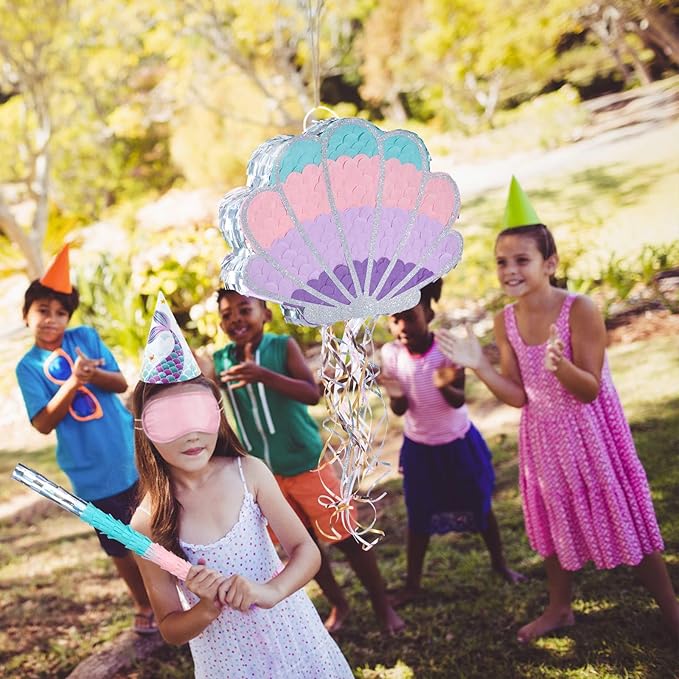 Wernnsai Mermaid Seashell Piñata - Pink Shellfish Piñatas for Kids Girls Birthday Mermaid Princess Party Decorations Under The Sea Ocean Theme Party Games With Bat Blindfold 16“ x 12.5" x 3"