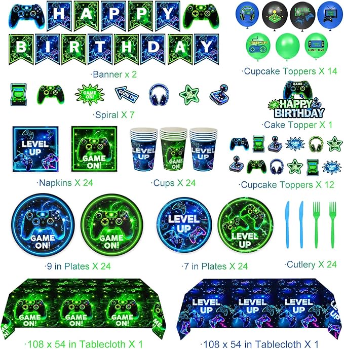 Video Game Birthday Decorations – Neon Game Tableware: Plates, Napkins, Cups, Cutlery, Cake & Cupcake Toppers, Banner, Hanging Swirls, Tablecloths, Balloons for Boy Gamer Birthday Party, Serves 24