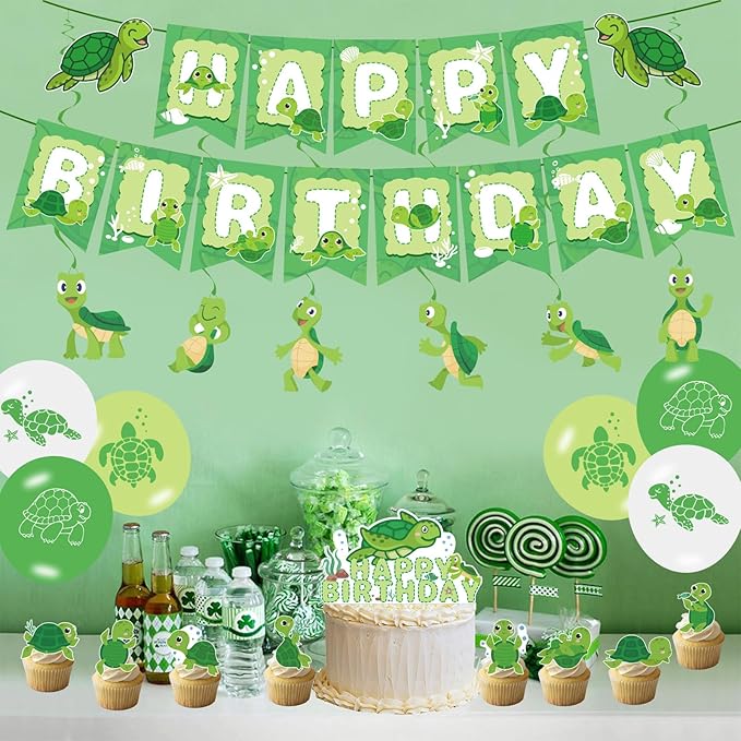 Cute Turtle Party Supplies - Birthday Banner, Hanging Swirls, Green Turtle Baby Cake Toppers, Balloons for Kids Animal Theme Baby Shower, Birthday Party Decors