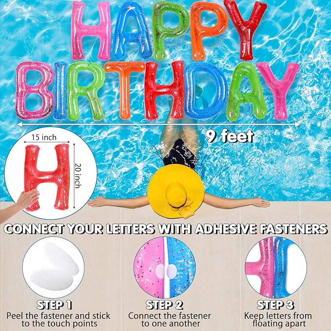 Shappy 20'' Happy Birthday Pool Large Floating Letter Balloons with Adhesive Dots Inflatable Pool Decorations for Summer Birthday Party