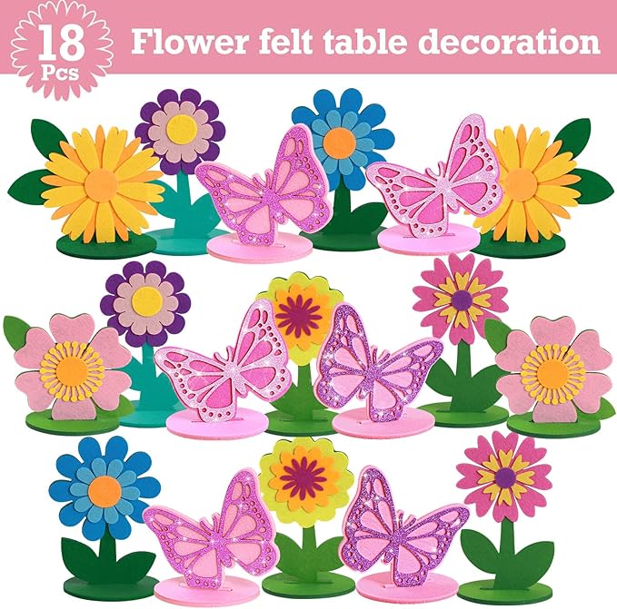 SUNBEAUTY 18 PCS Flower Felt Centerpieces for Tables Flower Birthday Party Decorations Butterfly Birthday Party Decorations Butterfly Decorations for Girl Birthday Baby Shower