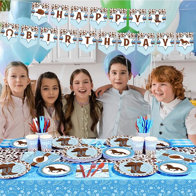 Gejoy 171 Pcs Western Cowboy Birthday Party Tableware Supplies for 24 Guests Cowboy Plates Napkins Birthday Banners Tablecloths Cups Knives Forks and Spoons for Party Decorations