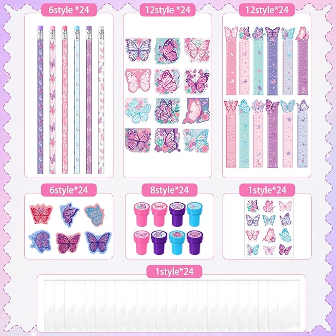 Pajean 168 Pcs Butterfly Party Favors Set Butterfly Fairy Stationery Bulk for Kids Purple Pink Pencil Notebook Ruler Stamp Goodie Bag Stuffers for Spring Birthday Tea Party Items Rewards
