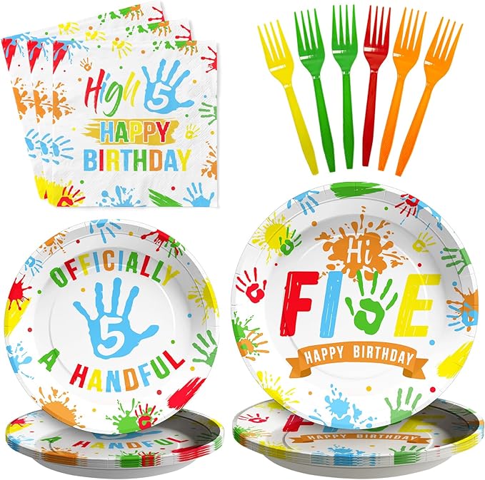 96Pcs Hi Five Birthday Decorations Colorful High Five Birthday Party Plates and Napkins Disposable 5 Year Old Tableware for Kids Boys Girls 5th Party Supplies, Serves 24