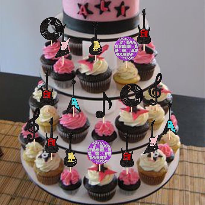 24 PCS Music Notes Cupcake Toppers Glitter Guitar Rock Cupcake Picks Disco Ball Music Cupcake Decorations for Musician Rock and Roll Theme Baby Shower Kids Birthday Party Cake Decorations Supplies