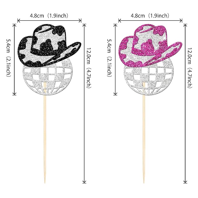 24 PCS Glitter Western Cowboy & Cowgirl Hat Cupcake Toppers - Disco Ball Picks for 70s Disco Music Theme Party Supplies