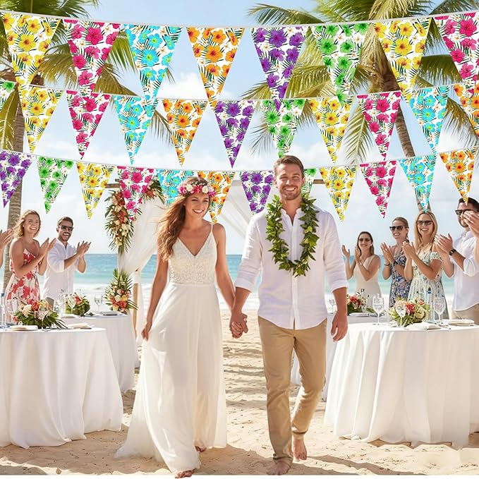 Jetec 5 Pack 49 Ft Hibiscus Flower Pennant Banner Hawaiian Luau Party Decorations for Tiki Bar Supplies Aloha Birthday Tropical Beach Theme Summer Outdoor Bunting Flags Hanging Garland Decor