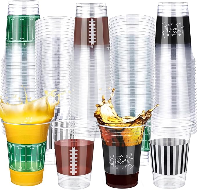 Qinyoung 100 Pcs 16oz Football Party Decorations Football Tailgate Plastic Disposable Clear Cups for Events Sports Birthday Themed Tableware Party Supplies