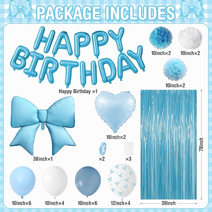 Blue Birthday Decorations, White Sand Happy Birthday Balloon Banner with Bow and Heart Foil Balloons Fringe Curtain Tissue Paper Pompoms Garland Party Supplies for Boys Men Girls Women