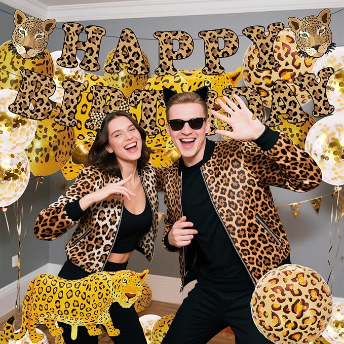 21 Pcs Cheetah Birthday Party Decorations Leopard Happy Birthday Banner Cheetah Gold Balloons Leopard Balloons for Boy Girl Baby Shower Party Supplies