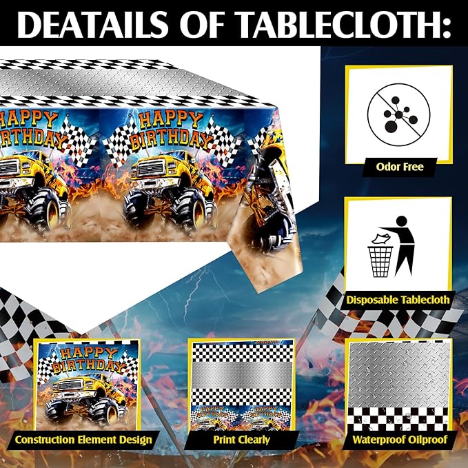 Mifoci 3 Pcs Monster Truck Birthday Party Tablecloths Monster Machine Table Covers Large Plastic Disposable 108 x 54 Inches for Truck Theme Kid's Boys Birthday Shower Party Supplies (Classic)