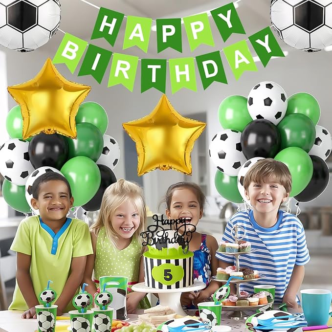 Soccer Birthday Party Decorations for Boys, Soccer Party Decorations with Green Black White Balloons 'HAPPY BIRTHDAY' Banner Cake Toppers Star Foil Balloons for Boys Men Birthday Decor