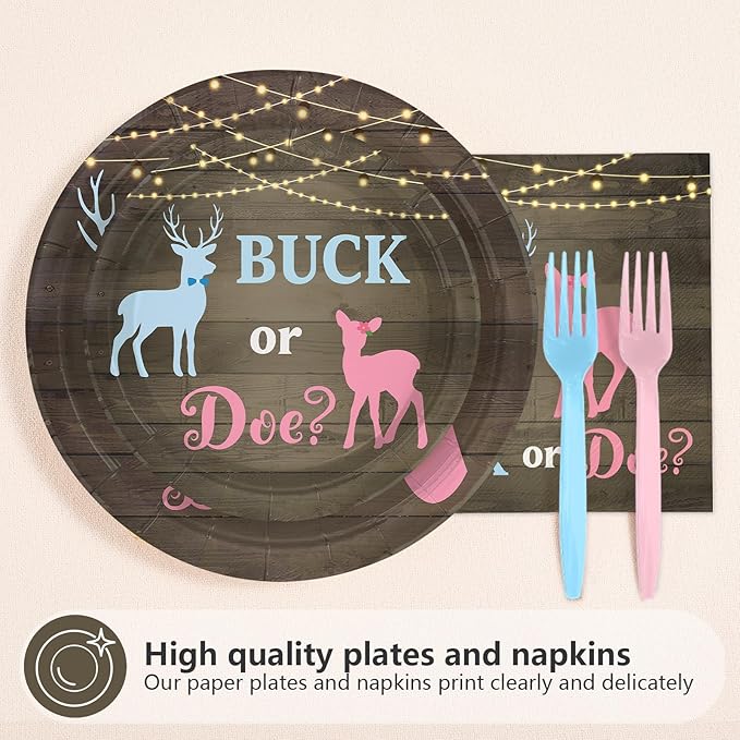 96Pcs Buck or Doe Gender Reveal Party Decorations Rustic Wood Themed Plates and Napkins Blue Pink Deer Disposable Paper Tableware Set for Boy or Girl Gender Reveal Party Supplies Serves 24