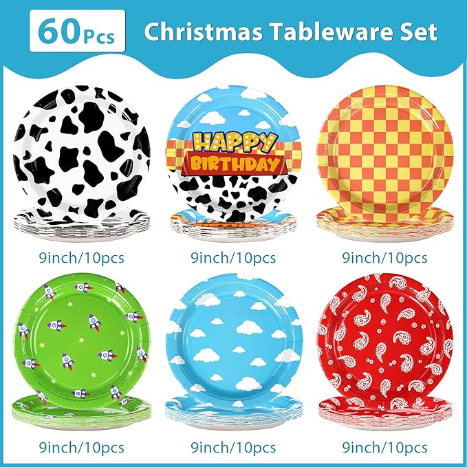 60 Pcs Toy Inspire Game Cartoon Story Party Plates 9" 350GSM Cartoon Cowboy Round Paper Plates Disposable Blue Sky Tableware Set for Kids Boys Girls Birthday Party Supplies Baby Shower Decor Favors