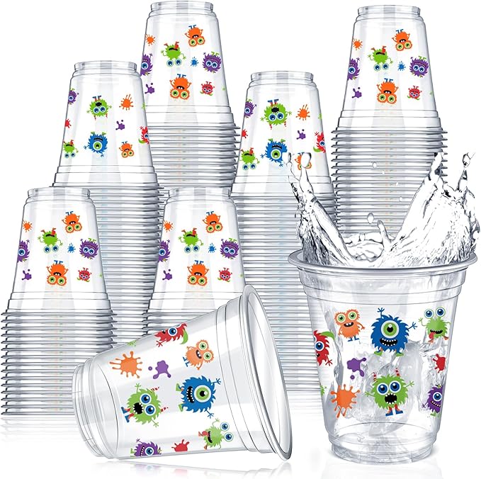 Uiifan 50 Pcs Monster Party Supplies 12 oz Cartoon Disposable Plastic Cups Purple Green Monster Theme Party Cups for Hot Cold Drinking Juice Ice Coffee Birthday Decoration