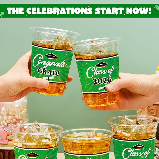 JOYIN 100 Pcs 16oz Graduation Party Plastic Cups (Green), PET Cup Tableware Bulk for Class of 2026 Graduates, Disposable Cups for 2026 High School College Graduation School Festivities Party Supplies