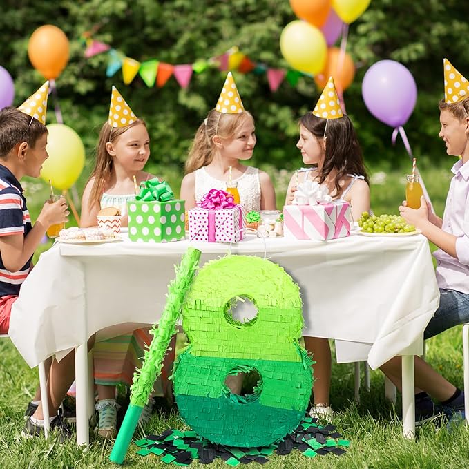 Number Piñata Decorations 16 Inch Gradient Green Piñata with Blindfold Stick and Confetti for Birthday Baby Shower Safari Jungle Themed Party Supplies Centerpiece(Number 8)