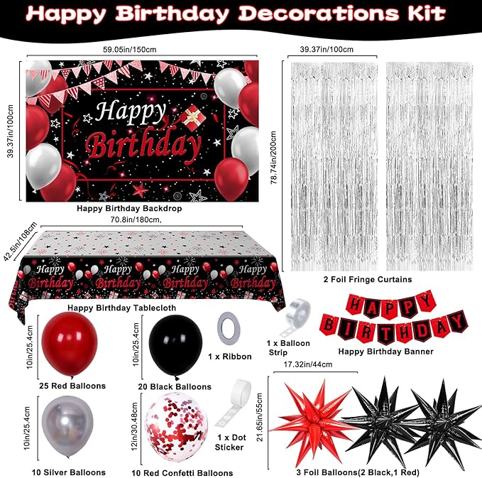 Red Black Birthday Decorations for Men Women Boys Girls, Red and Black Birthday Party Decorations with Happy Birthday Backdrop Banner Tablecloth Foil Curtain Star Balloon Arch, Red Party Supplies