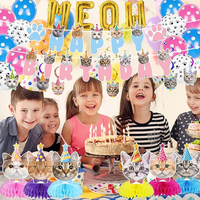 Cat Birthday Party Supplies Party Decorations Includes 1 Birthday Banner, 6 Honeycomb Centerpieces, 6 Hanging Swirls with 6 Cat Cutouts, MEOW Letter Balloons and 12 Balloons