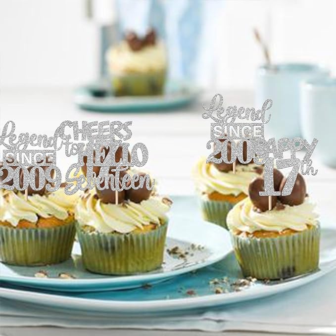 30PCS Silver 17th Birthday Cupcake Toppers Glitter Seventeen Happy 17th Straight Outta 2009 Cupcake Picks for Cheers to 17 Years Birthday Anniversary Party Cake Decorations Supplies