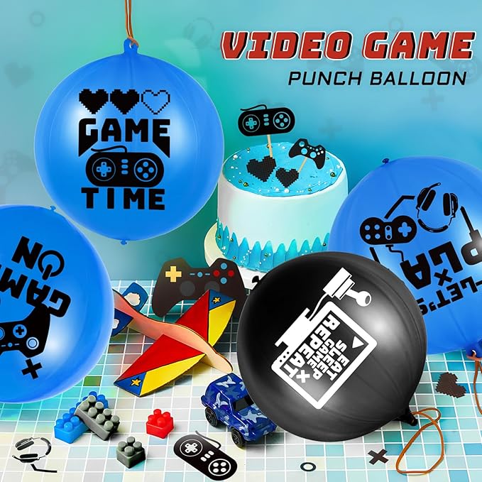 32 Pcs Video Game Punch Balloons Pixelated Punch Ball Pixel Video Game Balloons Latex Balls Toys for Birthday Party Favors Supplies, Goodie Bag Filler(Blue, Black)