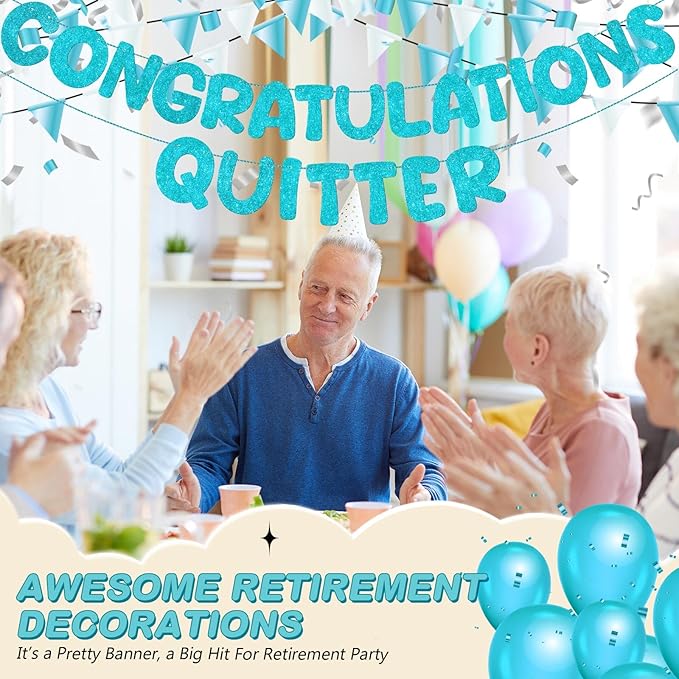 Fulmoon Pre Strung Congratulations Quitter Glitter Banner Funny Retirement Banner Graduation Party Decorations Going Away Supplies Garland for Men Women Gifts, No DIY(Sky Blue)