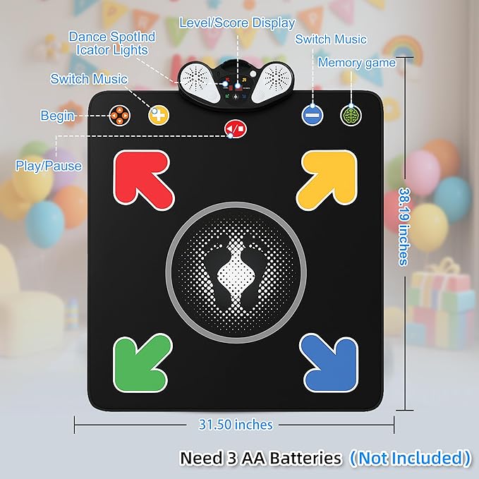 Dance Mat for Kids - Light-up Electronic Rhythm Step Play Mat, Music Game Pad Toy for Girls Boys 3-12, Challenge Playmat Gift Built-in Songs, MP3 External Play, 5 Levels, Adjustable Volume