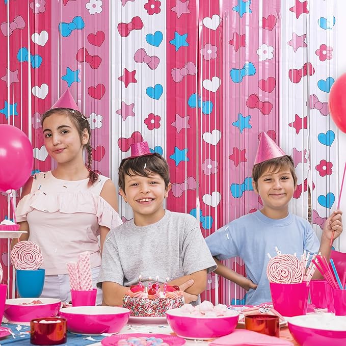 Adorable Kawaii Cat Party Decor Kit with 15 Balloons - 2 Pack 3.3x6.6ft Tinsel Foil Fringe Curtains Backdrop, Photo Booth Bows, Girls’ Birthday Party Supplies Room Decor (Pink/White)