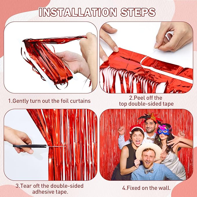 Red Tinsel Backdrop, 2Pack Fringe Curtains, Red Foil Tinsel Party Streamer Backdrop Curtains, Engagement Wedding Photo Backdrop Party Decorations for Wedding Anniversaries Christmas Baby Shower Decors